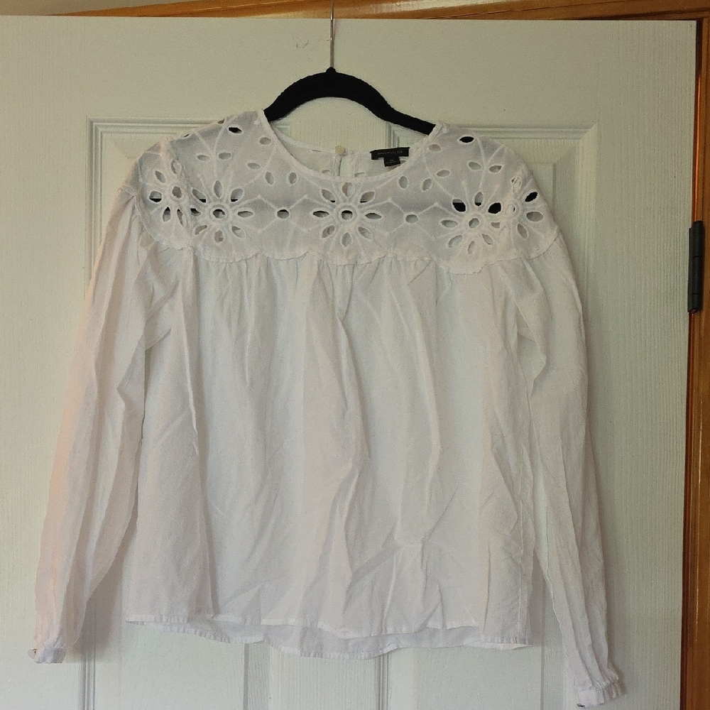 Ann Taylor White Ruffled Long Sleeve Blouse